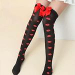 Lips Kiss Mesh Thigh High Stockings Bow Decor Valentines Day Over The Knee Socks Photo 5