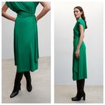 Mango Bow Wrap Midi Dress Size 2 Green Short Sleeve Jersey Photo 8