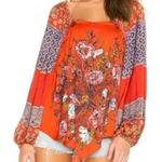Free People Positano Orange Patchwork Print Blouse Photo 0