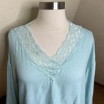 Soft Surroundings Top Womens Medium Mint Blue V Neck Lace Trim Long Sleeve Photo 2
