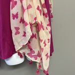 Source Unknown Cream and Fuschia/Magenta Butterfly Scarf with Tassels- OS (approx- 72” by 42”) Photo 3