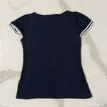 Ralph Lauren Lauren Ribbed Flutter Sleeve Baby Tee Womens Large Navy Blue Preppy Photo 4