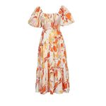 [Vafadress] Orange Abstract Floral Print Smocked Tiered Midi Dress NWT Sz Medium Photo 1