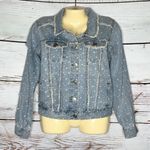 POL Size S Blue - White Star Print Distressed Frayed Denim Jean Jacket Photo 0