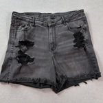 American Eagle Denim Jean Shorts 16 Womens Black High V Rise Shortie Raw Hem Photo 0