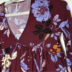 Free People Bella Printed Floral Top S Wine Combo Maroon Bell Sleeves Rayon Photo 1