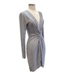 Long Sleeve Plunge V Neckline Metallic Shimmer Mini Dress Silver Size M Photo 3