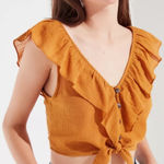 Urban Outfitters UO‎  Ruffle Tie-Front Top Textured Cropped Small Boho Cottage Photo 0