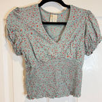 Japna ‎ Floral Smocked Crop Top V-Neck Short Sleeve Blouse Light Blue M Photo 0