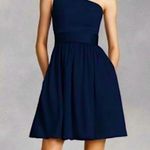 Vera wang white label navy satin formal belted ruched dress classic 16 spring Blue Photo 0