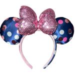 Disney  Parks Minnie Mouse Navy Blue Polka Dot Ears Pink Sequin Bow Headband USA Photo 0