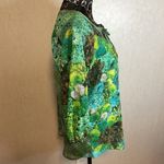 Olive Hill Floral Print Blouse Green Blue Lace Up Neck Long Sleeve Top Size M Photo 2