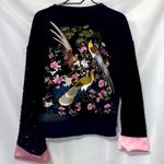 Embroidered Bird and Floral Sweatshirt LONG BLACK SEQUINED SLEEVES Pink Cuffs Size XL Photo 0