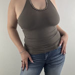 The Limited Vintage Y2K Sand Grey Brown Beaded Grunge Stretch Halter Tank Top Photo 0