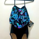 CAROL WIOR One Piece Swimsuit Floral Underwire Bra Loose fit top Spaghetti strap Blue Size 12 Photo 0