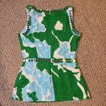 Tory Burch  Elsa Mirror Embellished Green Blue Linen Floral Abstract Vacation Top Photo 1