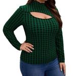 SheIn  SXY Long Sleeve Cut Out Blouse Green Houndstooth M Photo 0