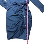 Allison Joy Blue Asymmetric Button Up Design Tie Waist Long Sleeve Dress Photo 7