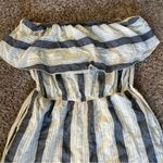 Mystree  Women’s Blue Striped Wide Leg Off-Shoulder Jumpsuit Sz Medium Photo 2