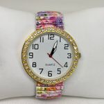 Women gold tone watch 39mm round rhinestones quart floral band 6.5” running Photo 0