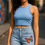 Y2K Relaxed Fit Light Wash Butterfly Patch Jeans Johnsbay Size 14T Tall Blue Photo 0