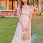 Japanese Cottagecore Shabby Chic Floral White Pink Bow Princess Maxi Dress Size XS Photo 1