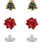 Panacea Set of 3 Christmas Tree, Bow & Snowflake Stud Earrings Photo 0