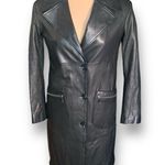 L’Univers Du Luxe Black Leather Longline Trench Coat Zipper Pockets Button Down Black Photo 10