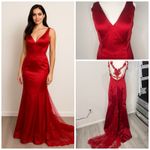 Long Red Lace Formal Wedding Event Halloween Gown With Train Dress Photo 1