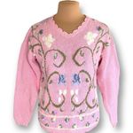 Vintage 90s Embroidered Floral Sweater Pink Scalloped Neck Cottage Flower Knit Size M Photo 0