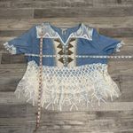 John Mark  Blue Boho Top Short Sleeve, Lace Beading J17 Photo 5