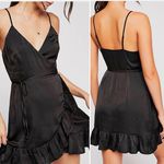 Free People  All My Love Wrap Shine Mini Dress In Black Satin XS Photo 1