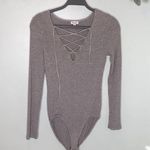 Splendid  Sylvia Lace Up Ribbed Bodysuit Gray L Photo 0