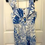 Slate + Willow  Blue & White Palm Print Button Detail Flutter Sleeve Romper Photo 0