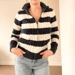 L.L. Bean Cable Knit Navy and Blue Striped Zip Up Sweater Size XS Photo 1