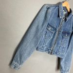 Vintage Jean Jacket Cropped Women Medium Wash Zipper Front Trucker Cotton Denim Blue Photo 10
