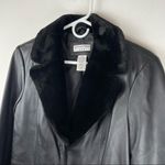 Covington Long Black Leather Jacket Button Front Trench Sz Med Faux Fur Collar Photo 6