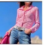 ZARA Pink Floral Lace Open Work Button Down Eyelash Hem Unlined Layering Shirt M Photo 1