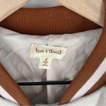 Hem & Thread Brown Pink Snap Front Varsity Bomber Jacket Metallic Sleeve Stripe Photo 2