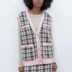 ZARA NWOT  Plaid Knit Vest with Pearl Buttons in Pink / Green Women's M Photo 1