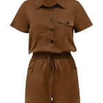 SheIn Flap Pocket Drawstring Waist Shirt Romper in Brown, Size M Photo 0