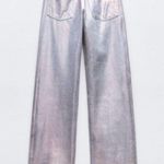 ZARA MID WAIST FULL LENGTH TRF FOIL SILVER METALLIC WAXED JEANS SIZE 6 NEW Photo 9