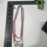 Pretty 3 Strand with Crystal Bow Necklace Earrings Set Red Photo 6