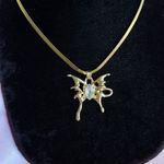 NEW Y2K Gold Butterfly Cubic Zirconia Herringbone Flat Chain Pendant Necklace Photo 3