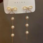 Elegant Bow White Pearl Dangle Drop Earrings for Women Gold Photo 1