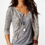 American Eagle Taupe Silver Sequin Cardigan Sweater Photo 0