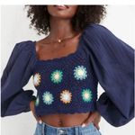 Aerie  Crochet Crop Top Blue Navy Floral Vacay Photo 0