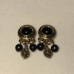 Liz Claiborne  Clip On Earrings w Beaded Dangles Black & Gold Tone Photo 2