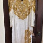 80s Vintage RIGHT CHOICE White and gold Beaded Silk Midi Gown with Slit Large Photo 0
