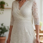 Kiyonna Bridal Bella Lace Dress Ivory 3/4 Sleeve V Neck Wedding Size 0x (10 Photo 0